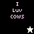 Pixelated text "I Luv Cows" in pink on four background quadrants with a star icon changing color between black and white.