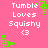 Pixelated pink background with white text 'Tumble Loves Squishy <3' and green square animations in four corners.
