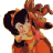 Pixelated cartoon-style image of two characters embracing, one with dark hair and the other with brown fur-like features, rendered in warm orange-brown tones on a white background.