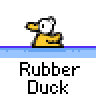 Animated contact sheet of a rubber duck icon showing sequential frames with text bubbles and character interactions on gray background.