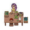 Pixel art of a character with purple hair standing behind a table filled with baskets and produce.