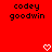 Red background with black pixelated text 'codey goodwin' in two and white pixelated heart symbols at the bottom center and bottom right