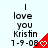 Pixelated text reads 'I love you Kristin 1-9-08' with a red triangular shape containing a white heart symbol on the right side.