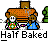 Animated pixel art contact sheet showing a 3x3 grid of frames with two cartoon characters interacting in front of an orange couch, accompanied by repeated text "Half Baked" below each frame.