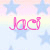 Pixelated image with pink cursive text 'Jaci' over a pastel gradient background featuring light blue stars.