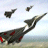 Static pixelated image of a military aircraft with red accents flying over water, accompanied by smaller objects in the sky.