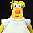 Pixelated cartoon character with yellow hair and orange nose wearing white shirt against dark background
