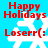Red 'Happy Holidays' and 'Loserr(:' text above white snowflakes on a cyan background, with visible pixelation and animation changes between frames.