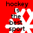 Red background with white snowflake symbols and black text reading 'hockey is the best sport' in four identical