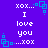 Pixelated blue background with white text reading "xox... I love you ...xox" and cyan square patterns at corners.