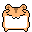 Pixelated orange hamster with brown T-shaped marking on head, black outline, and white rectangular body section; left view shows closed eyes, right view shows open mouth.