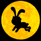 Black silhouette of a rabbit-like figure with long ears against a textured yellow circular background, two distinct poses shown side-by-side.