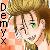 Pixelated static buddy icon featuring a cartoon character with light skin, green eyes, and brown hair in an embrace pose next to vertical text reading "D E M Y X" on the left side against a warm-toned background.