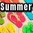 Pixelated image with 'Summer 2008' text overlay, colorful floral shapes on left, and a drink on wooden surface on right.