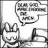 Black-and-white cartoon image with speech bubble text and four words arranged around a central gray rectangle.