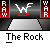 Animated pixel art of a character with brown hair and a red 'W' logo, transitioning through poses on a gray and red background with 'The Rock' text below.
