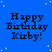 Blue background with white stars and repeated black text 'Happy Birthday Kirby!' in a pattern