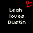 Red pixelated heart symbol above white text reading "Leah loves Dustin" on black background, displayed in two identical side-by-side