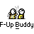 Animated contact sheet of four pixel art frames showing two stick figures interacting with text "F-Up Buddy" below each frame.