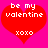 Two identical red heart shapes on a bright pink background with white pixelated text reading 'be my valentine' and 'xoxo'.