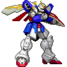 Four pixelated mecha robot poses with blue, white, red, and yellow accents on a gray background.