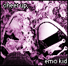 Pixelated purple-toned image of a skull with text 'cheer up.' and 'emo kid' in white, showing animation change where the right eye glows brighter.