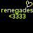 Yellow pixelated text and symbols on black background with a heart symbol above the repeated word "renegades" and four '<3' icons below each instance.