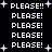 Pixelated text repeats 'PLEASE!!' and 'PLEASE!' with light blue stars on black background, animated by star position shifts.