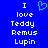 Blue background with white pixelated text reading "I love Teddy Remus Lupin" and a cyan heart symbol above the word "love", displayed in two identical side-by-side