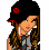 Pixel art skater girl character with black beanie, gray tank top, and black shorts holding a skateboard with red text.