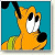 Animated contact sheet showing two frames of a pixelated cartoon dog character with green text on dark background.