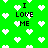 Green background with white pixelated hearts and black text reading "I LOVE ME" in multiple positions.