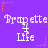 Purple background with repeating white text 'Bravette' and 'Life' in pixelated font, surrounded by pink star and dotted line decorations.