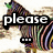 A pixelated zebra with multicolored stripes stands against a blurred background, displaying text overlays that change from "please ..." to "please don't leave me.".