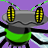 Pixelated creature with large yellow eyes, green body, and black-and-white wings against purple background.