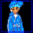 Pixel art contact sheet showing four frames of an animated buddy icon with a blue-clad character and text elements.