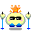 Pixelated character with yellow face, black sunglasses, pink cheeks, and orange star on head; blue limbs in various poses against gray background.