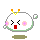 Pixelated character with white rounded body, green outline, orange-yellow antennae; four expressions showing mouth and blush variations.