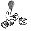 Pixelated grayscale image of a person riding a bicycle, with four sequential variations showing slight changes in posture and wheel positions.