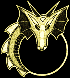 Animated golden dragon head with wings curled into a circular shape, glowing against dark backgrounds in