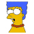 Pixelated yellow-skinned character with blue hair, red collar, and white eyes with black pupils, facing left in profile view.