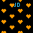 Black background with orange pixelated hearts and blue 'JD' text in four positions, each heart a solid orange block
