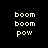 Four display pixelated text 'boom boom pow' in white on black, olive green, yellow, and dark olive green backgrounds