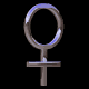 Animated sequence of metallic female gender symbols rotating against black background, showing multiple angles of the symbol's circular top and crossbar base.
