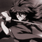 Anime character with tousled hair holding a long object, displayed in grayscale with text variations below.