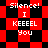 Red and black checkered background with white text reading "Silence! I KEEEEL You" in pixelated font, displayed in two identical arrangements