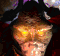 Animated sequence of a demonic face with glowing yellow eyes and textured brown skin, wearing dark horns and red fabric around the neck.