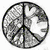 A circular peace symbol with three distinct quadrants: one showing a city , another white doves, and the third grayscale clouds