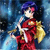 Pixelated character with blue hair and red face, wearing red outfit with gold shoulder accents, holding a white object against blue background.