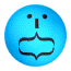 A blue spherical icon with black facial features animates through multiple expressions including a mouth opening, side profile, and neutral face.
